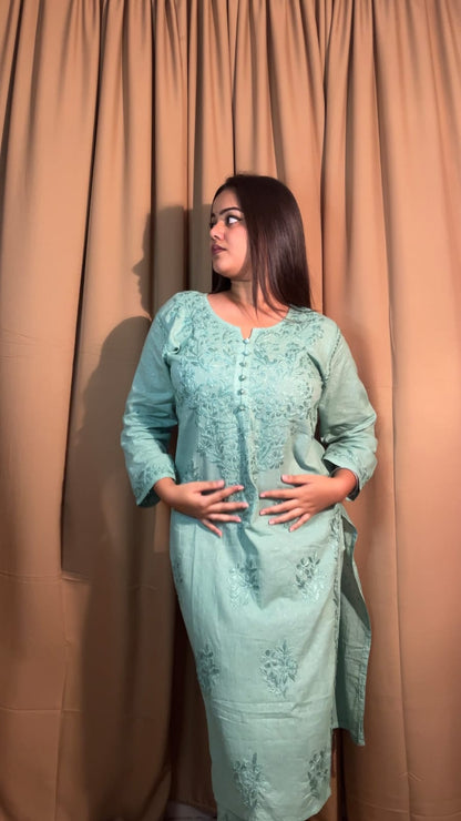 Pastel Green Lucknowi Chikankari Heavy Work Kurti & Handcrafted Lycra Cotton Pant Set ❤️