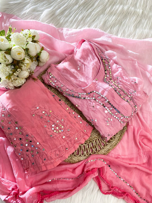 Pink Chikankari Elegance Ombré Mirror Booti Jaal Set - Kurti, Sharara & Dupatta -(Inner Included)