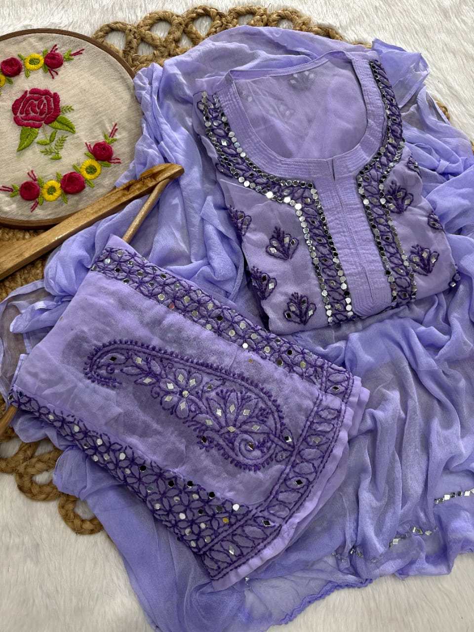 Lavendar Lucknow Chikankari Mirror Work 3-Piece Sharara Set