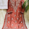 Brick Red Handcrafted Resham Kurashiya Kurti & Lycra Chikankari Pants Set