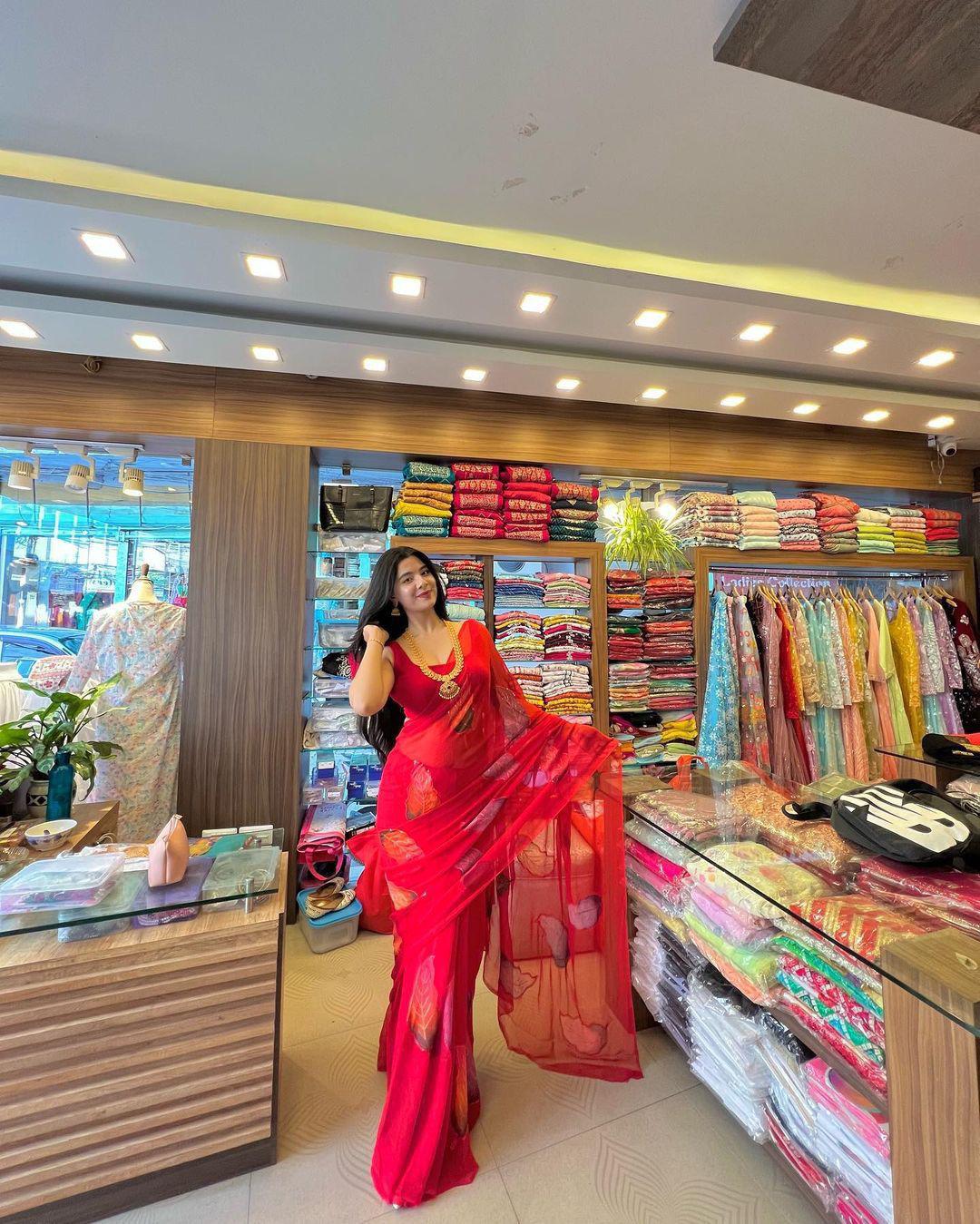 Red Festive Party Wear Georgette Saree with Hand Sequin Work