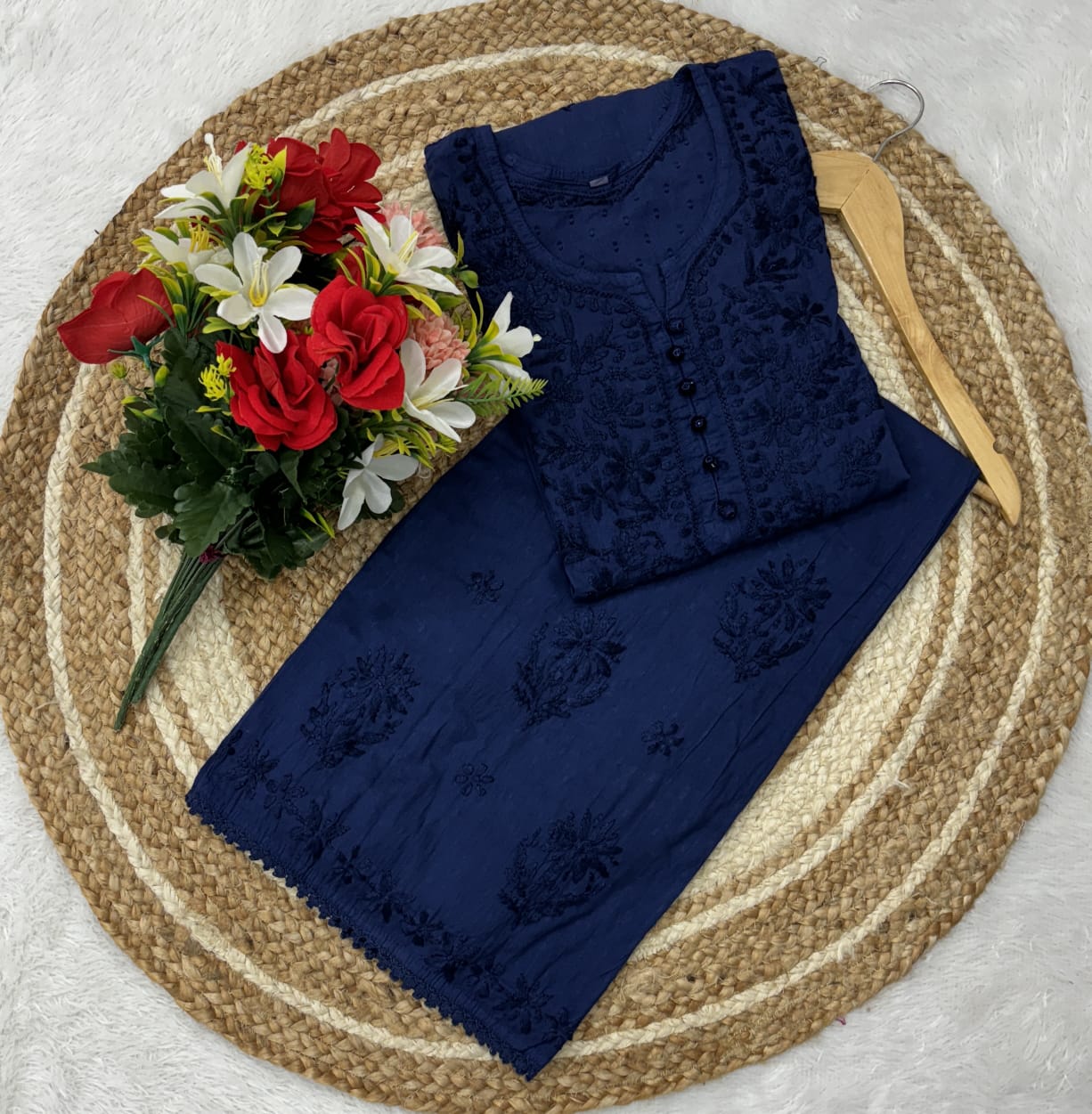 Navy Blue Lucknowi Chikankari Ghas Patti Handwork Dobby Cotton Kurti Palazzo Set with Lace and Kureshiya Buttons