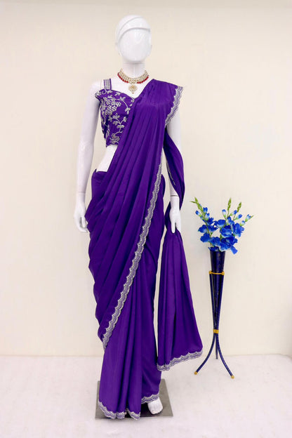 Purple Premium French Crepe Silk Pre-Draped Saree with Dori and Sequins Work