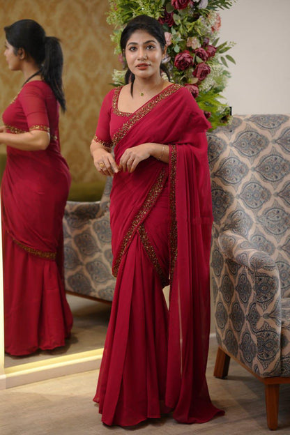 Red Super Hit Georgette Embroidery Gown Saree