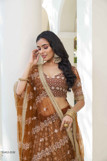 Light Brown A-Line Net Party Wear Lehenga Choli with Resham and Sequins Work