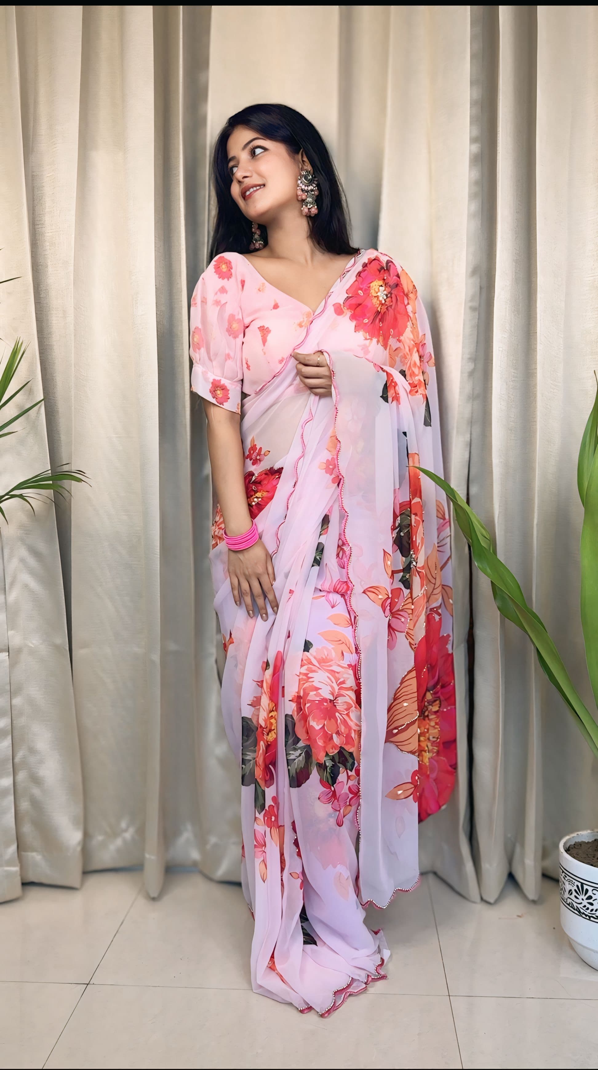 Baby Pink newest Floral Bunches Saree