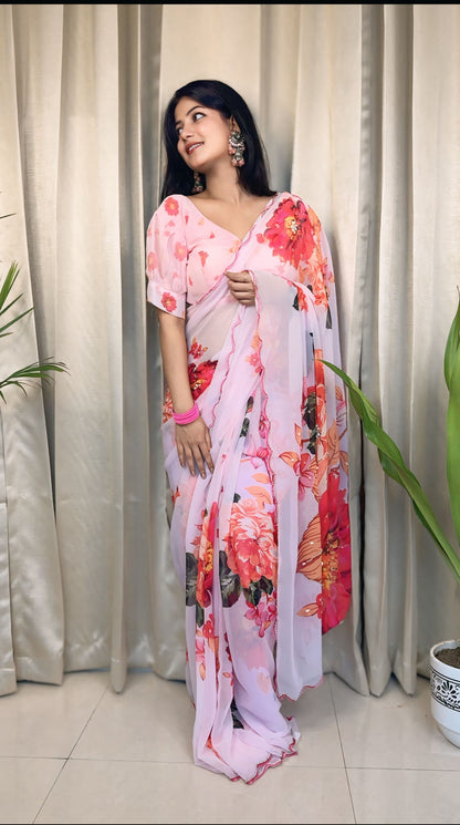 Baby pink Elegant Floral Georgette Silk Saree with Handwork and White Stone Accents (Best Seller)