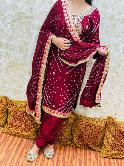 Maroon Silk Bandhani Salwar Kameez with Dupatta