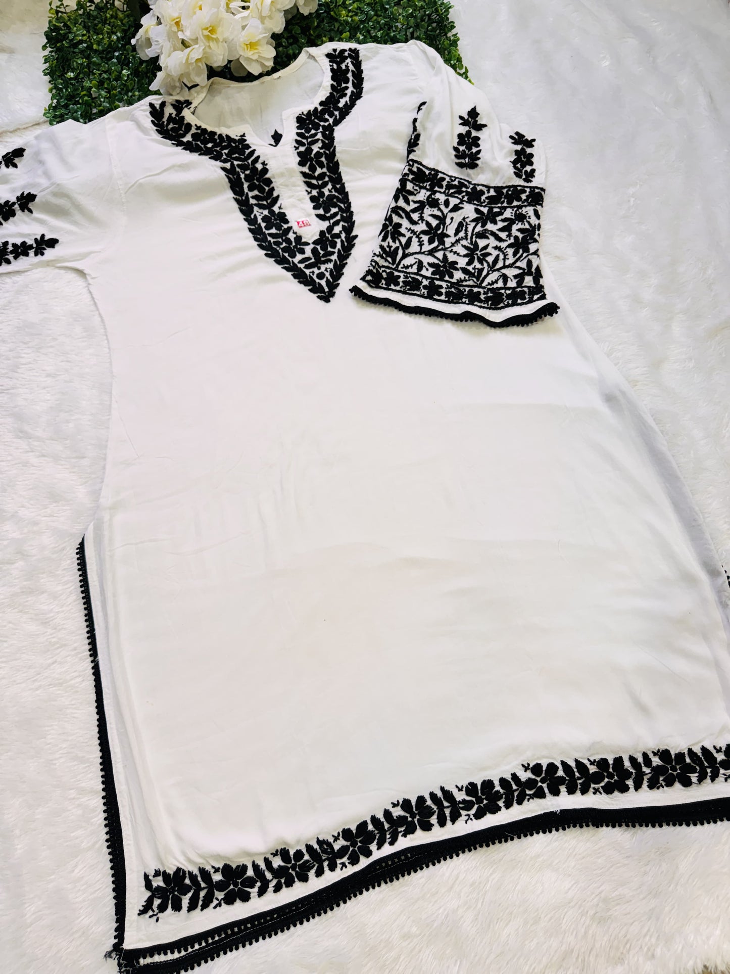 White and Black Beautiful Modal Bangle Sleeve Lucknow Chikankari Dhoti Set