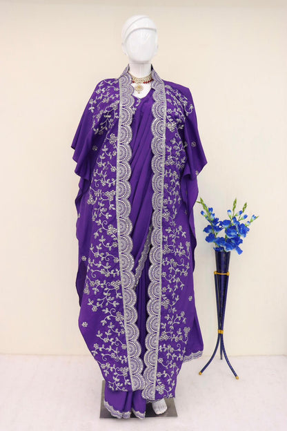 Purple Premium French Crepe Silk Pre-Draped Saree with Dori and Sequins Work