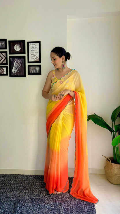 Yellow Orange Pink Party Wear Fancy Dual Shaded Georgette Saree