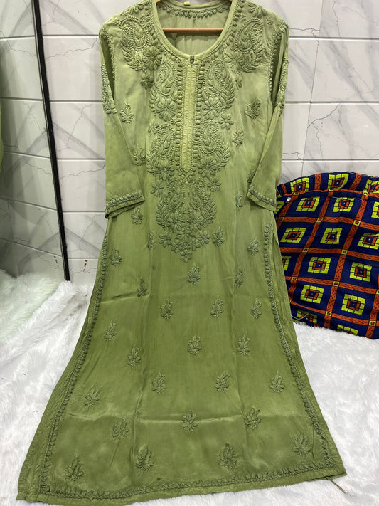 Olive Radiant Blossoms: Exclusive Crepe Kurti with 3D Chikankari Work