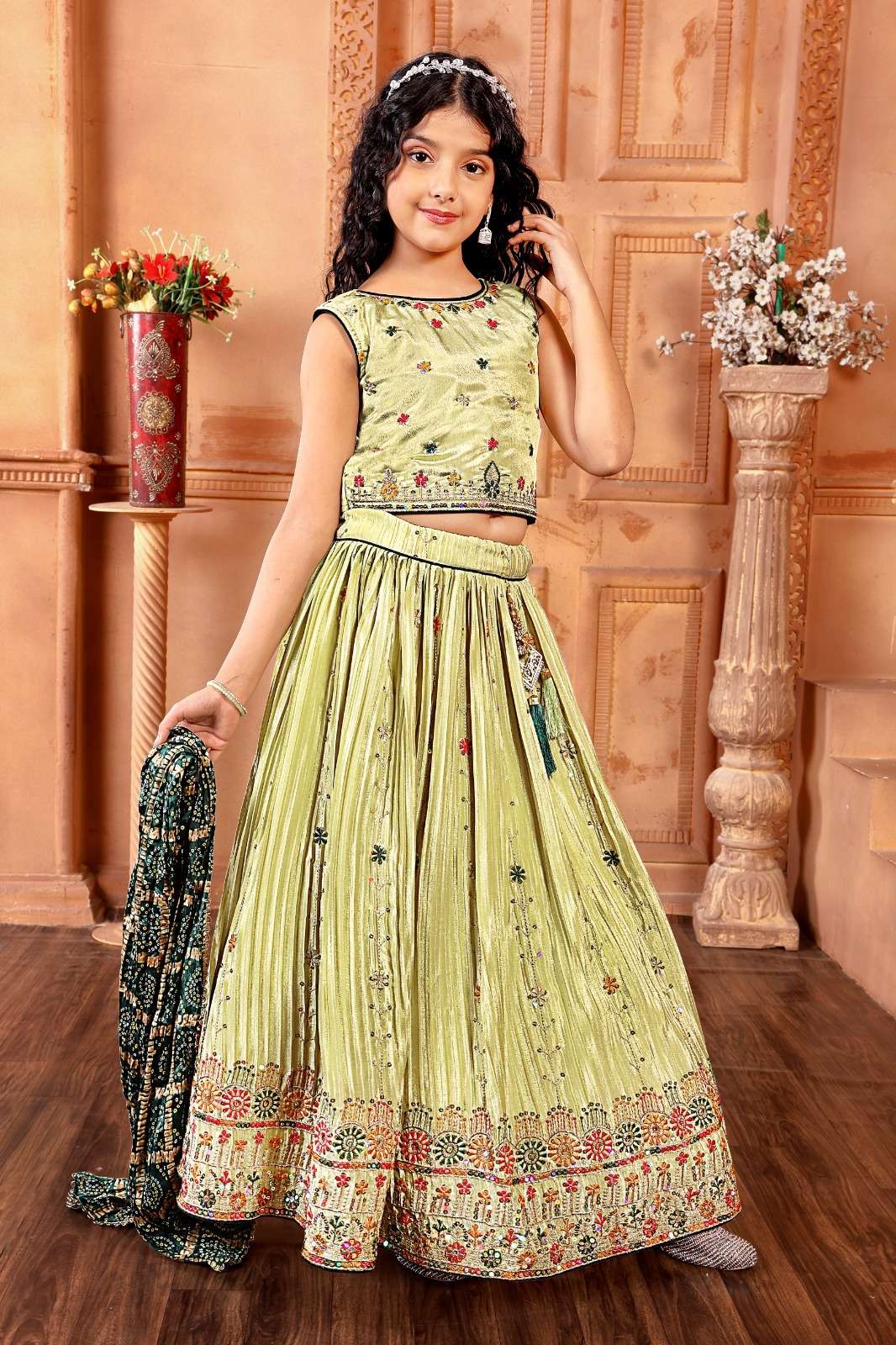 Pista Green Kids Lehenga Choli with Multicolor Embroidery