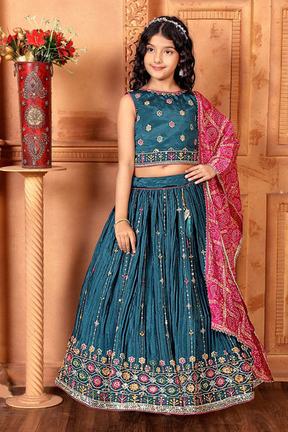 Peacock Blue Kids Lehenga Choli with Multicolor Embroidery