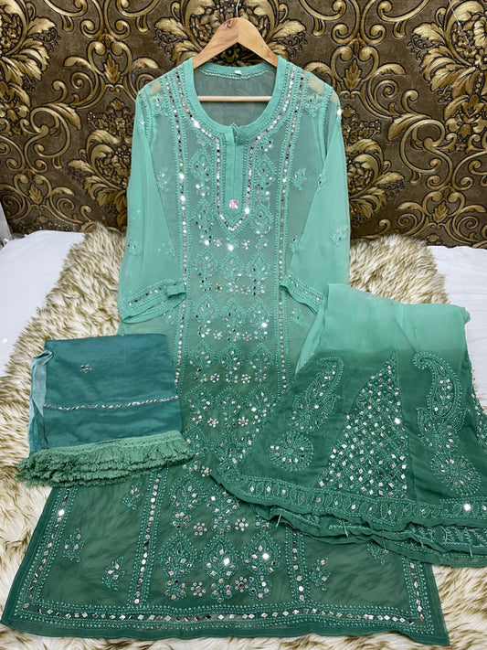 Green Chikankari Elegance Ombré Mirror Booti Jaal Set - Kurti, Sharara & Dupatta -(Inner Included)