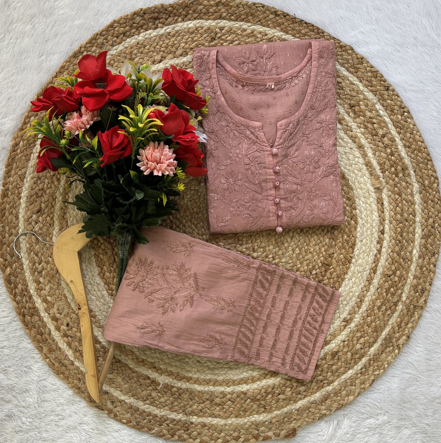 Dusty Pink Lucknowi Chikankari Heavy Work Kurti & Handcrafted Lycra Cotton Pant Set ❤️