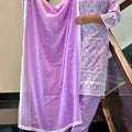 Lavendar Schiffli Embroidered Lucknowi Cotton Kurta Set with Embroidered Dupatta