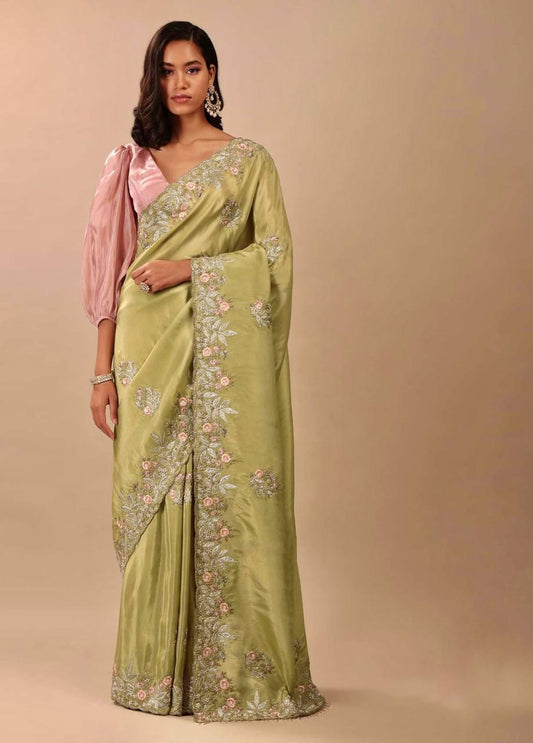 Green Luxuria Diamond Chinon Silk Saree Set