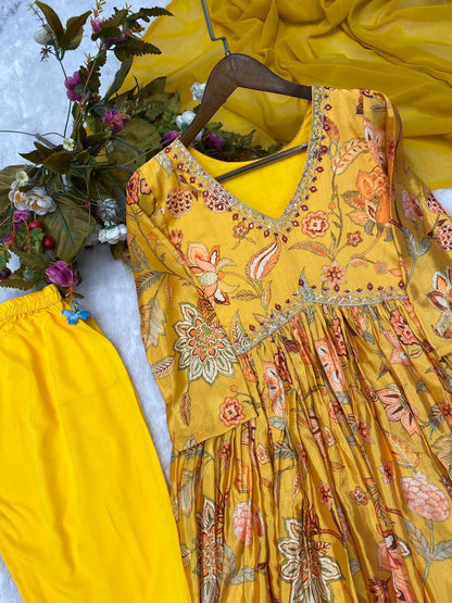 Mustard Trending Chinon Aliya Cut Suit with Sequins Embroidery and Printed Design