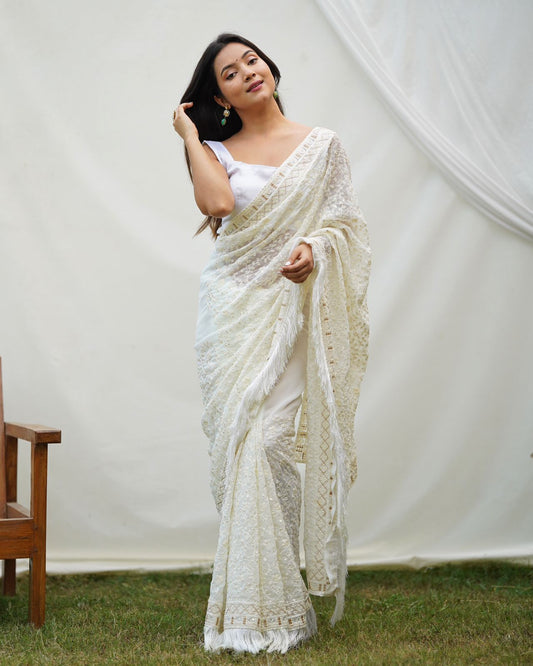 Ethereal White Sequins Saree Set
