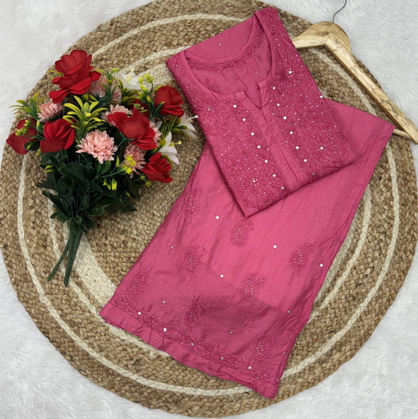 Pink Lucknowi Chikankari Ghass Patti Work Chanderi Kurti & Palazzo Set with Mukesh and Moti Work