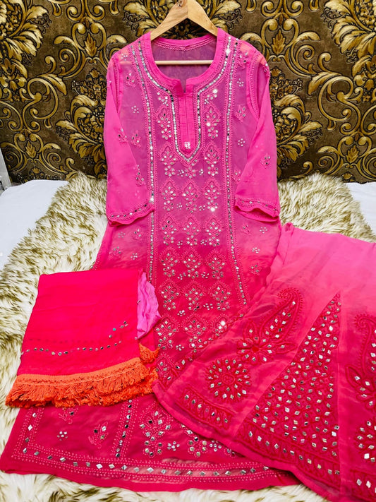 Rani Pink Chikankari Elegance Ombré Mirror Booti Jaal Set - Kurti, Sharara & Dupatta -(Inner Included)