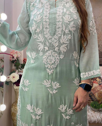 Pastel Green Premium Boota Jaal Lucknowi Chikankari 3D Kurta with Pant Set