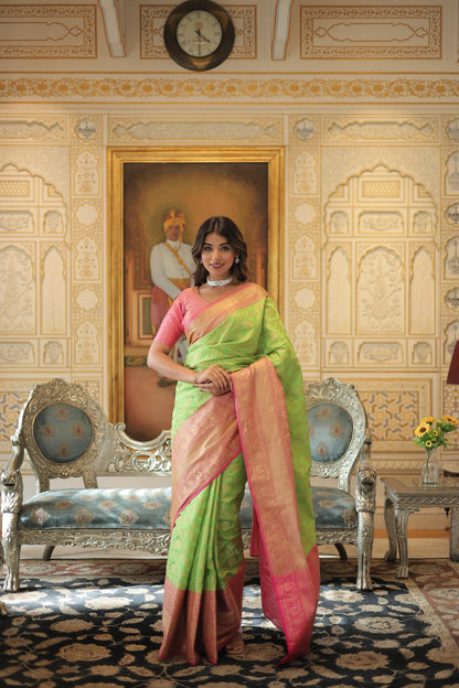 Green and Pink Eternal Elegance Kanjivaram Silk Saree Set