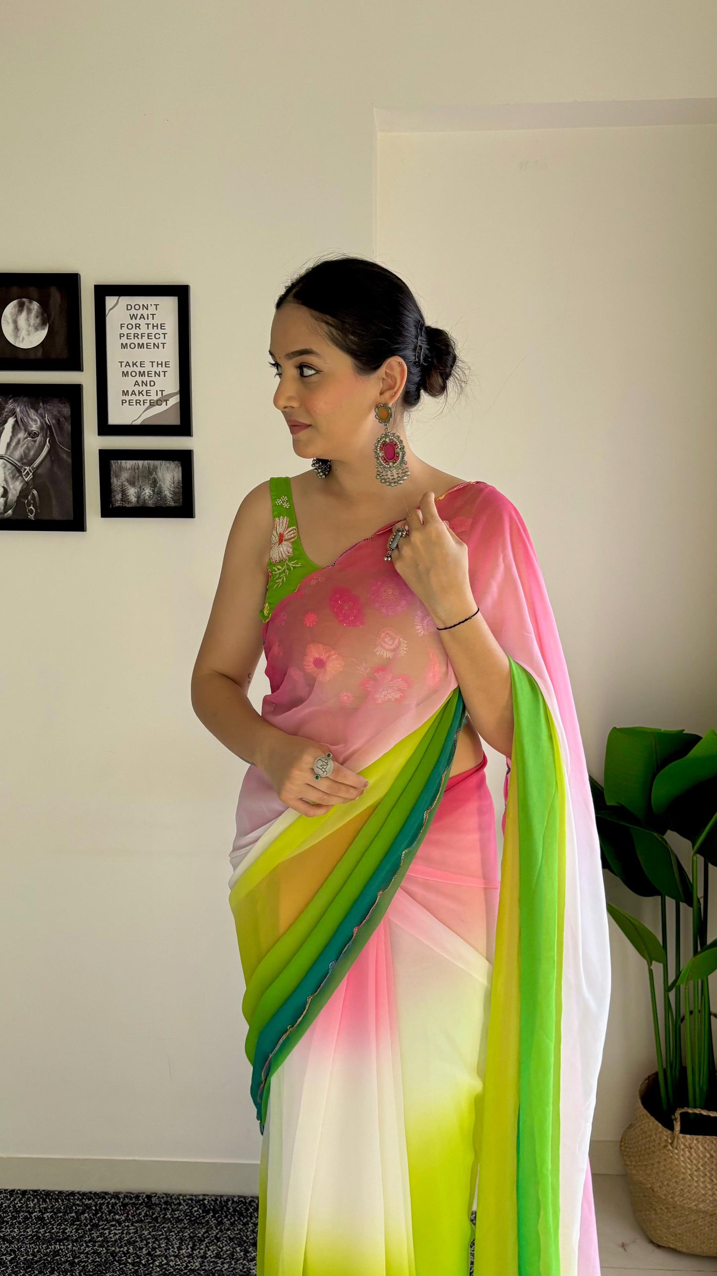 White Green Pink Party Wear Fancy Dual Shaded Georgette Saree