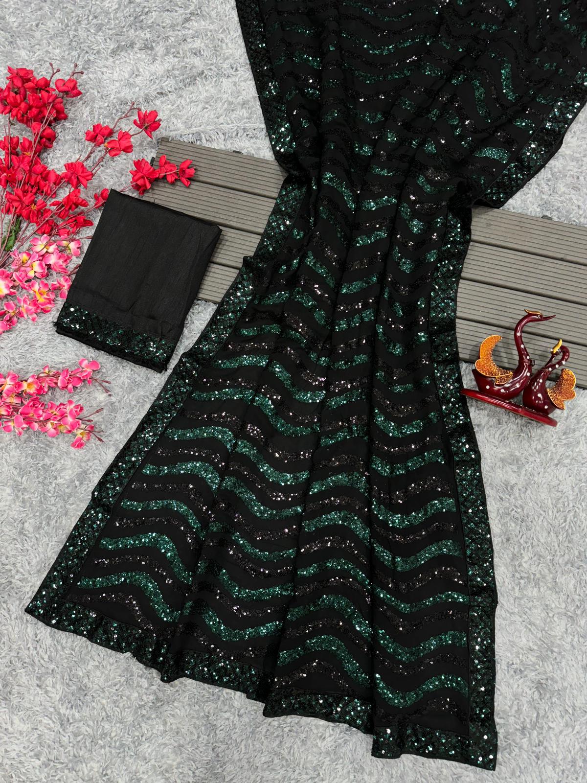 Green Black Sequins Saree in Dual Shades