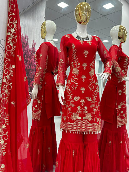 Red Pakistani Style Georgette Sharara Suit with Dupatta