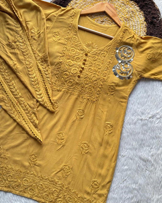 Mustard yellow Elegant Lucknow Chikankari Short Kurti with Dhoti Set