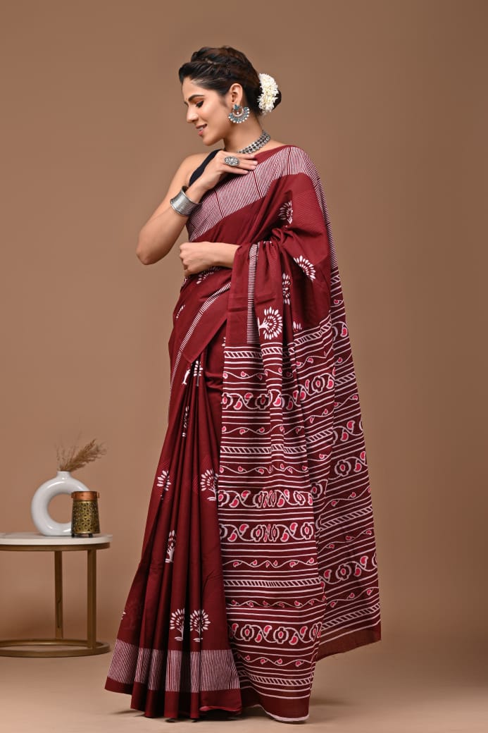 Maroon Ajrakh Cotton Mul Saree with Ready-to-Wear Blouse Set