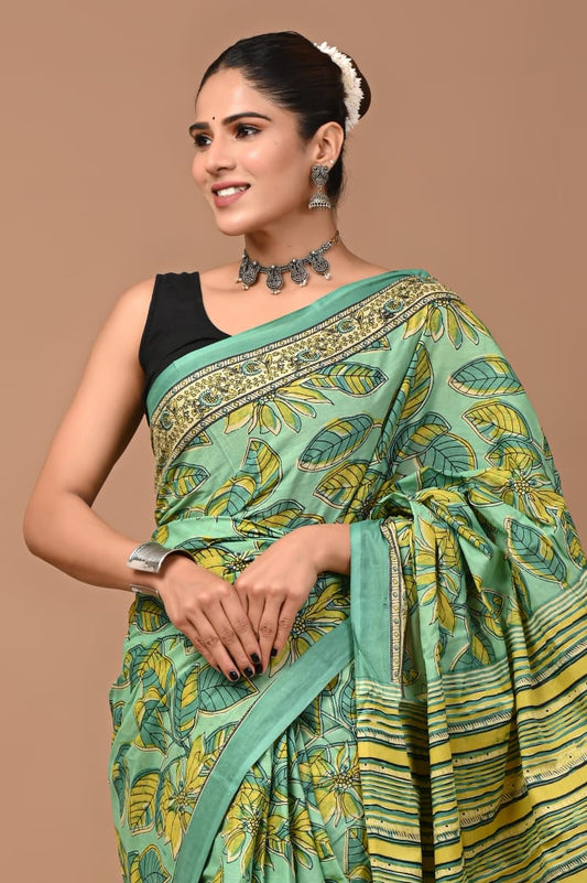 Green Ajrakh Cotton Mul Saree with Ready-to-Wear Blouse Set