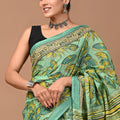 Green Ajrakh Cotton Mul Saree with Ready-to-Wear Blouse Set