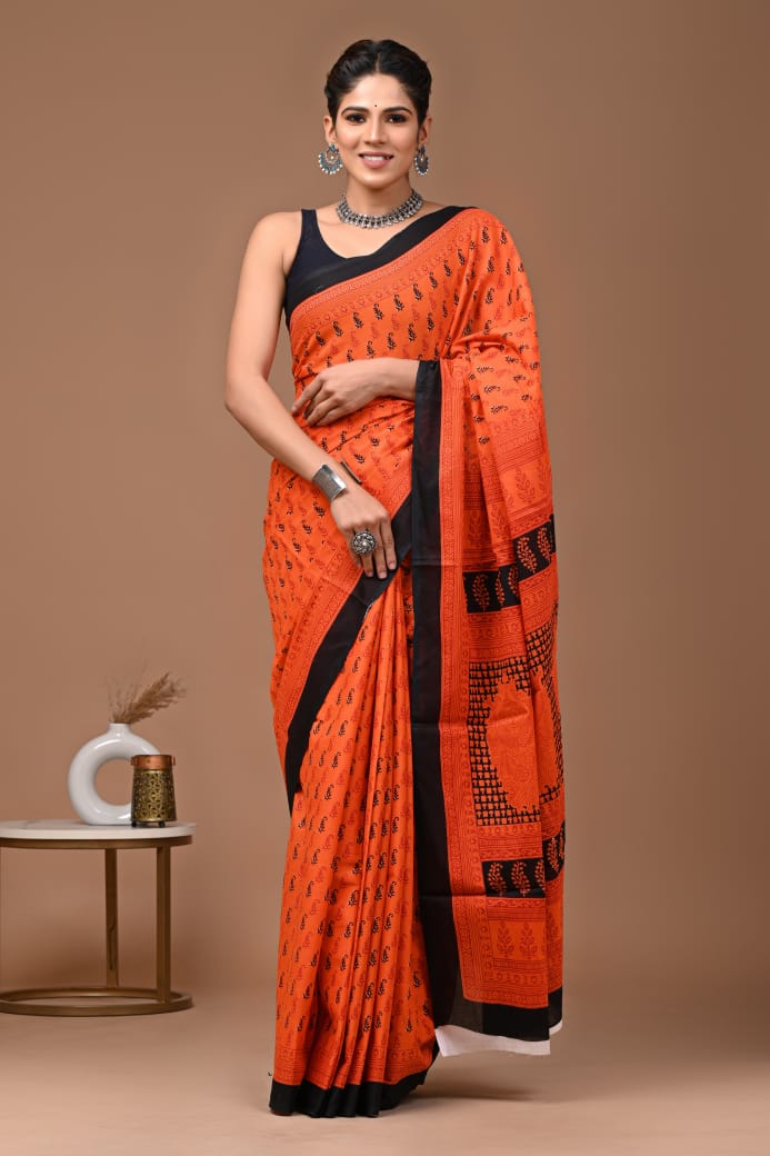 Orange Black Ajrakh Cotton Mul Handblock Print Saree with Ready-to-Wear Blouse Set