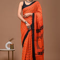 Orange Black Ajrakh Cotton Mul Handblock Print Saree with Ready-to-Wear Blouse Set