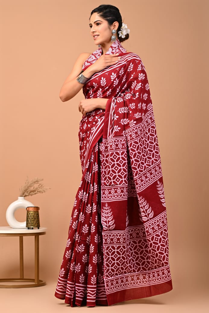 Brick Red Ajrakh Cotton Mul Saree with Ready-to-Wear Blouse Set