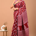 Brick Red Ajrakh Cotton Mul Saree with Ready-to-Wear Blouse Set