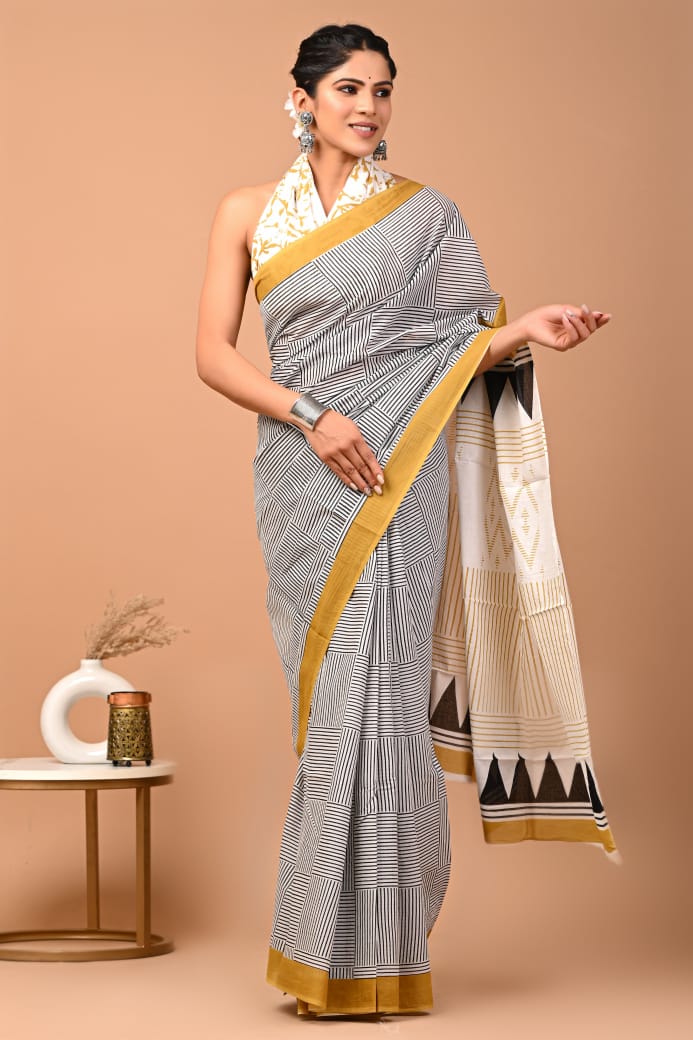 Grey Ajrakh Cotton Mul Saree with Ready-to-Wear Blouse Set