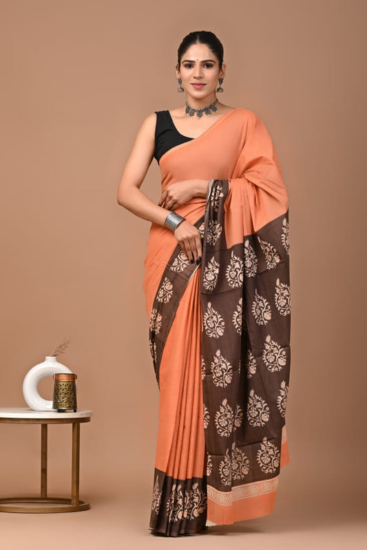 Orange Ajrakh Cotton Mul Saree with Ready-to-Wear Blouse Set