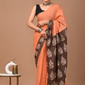 Orange Ajrakh Cotton Mul Saree with Ready-to-Wear Blouse Set