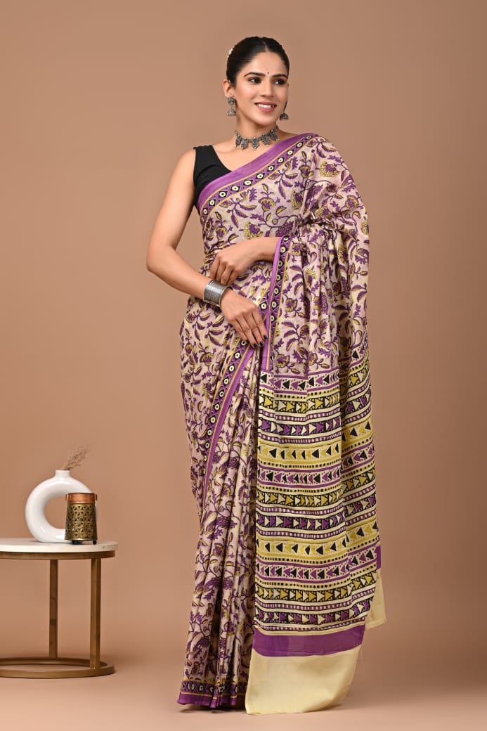 Mauve Ajrakh Cotton Mul Saree with Ready-to-Wear Blouse Set