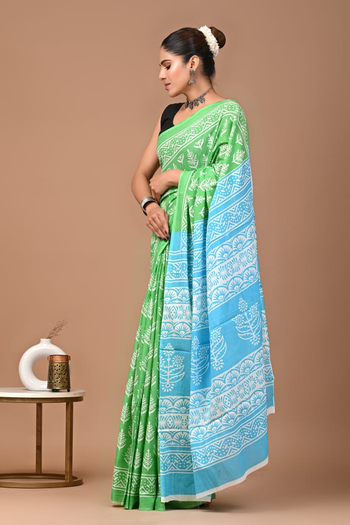 Blue Ajrakh Cotton Mul Handblock Print Saree with Ready-to-Wear Blouse Set