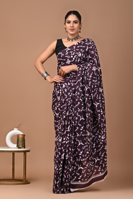 Wine Ajrakh Cotton Mul Handblock Print Saree with Ready-to-Wear Blouse Set