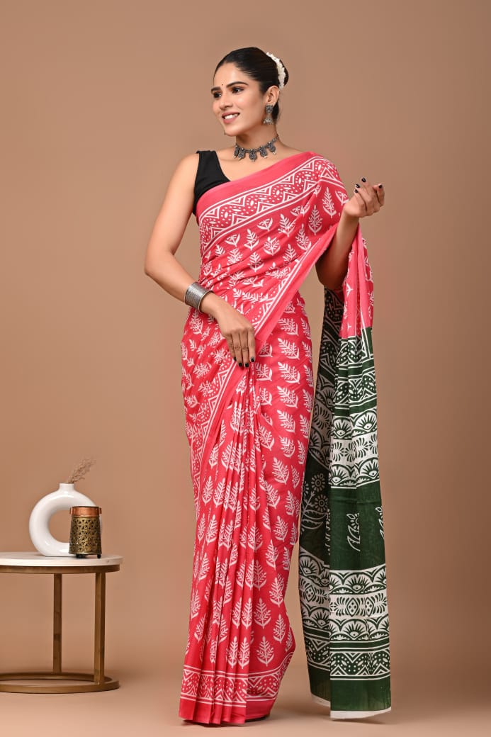 Pink Ajrakh Cotton Mul Handblock Print Saree with Ready-to-Wear Blouse Set