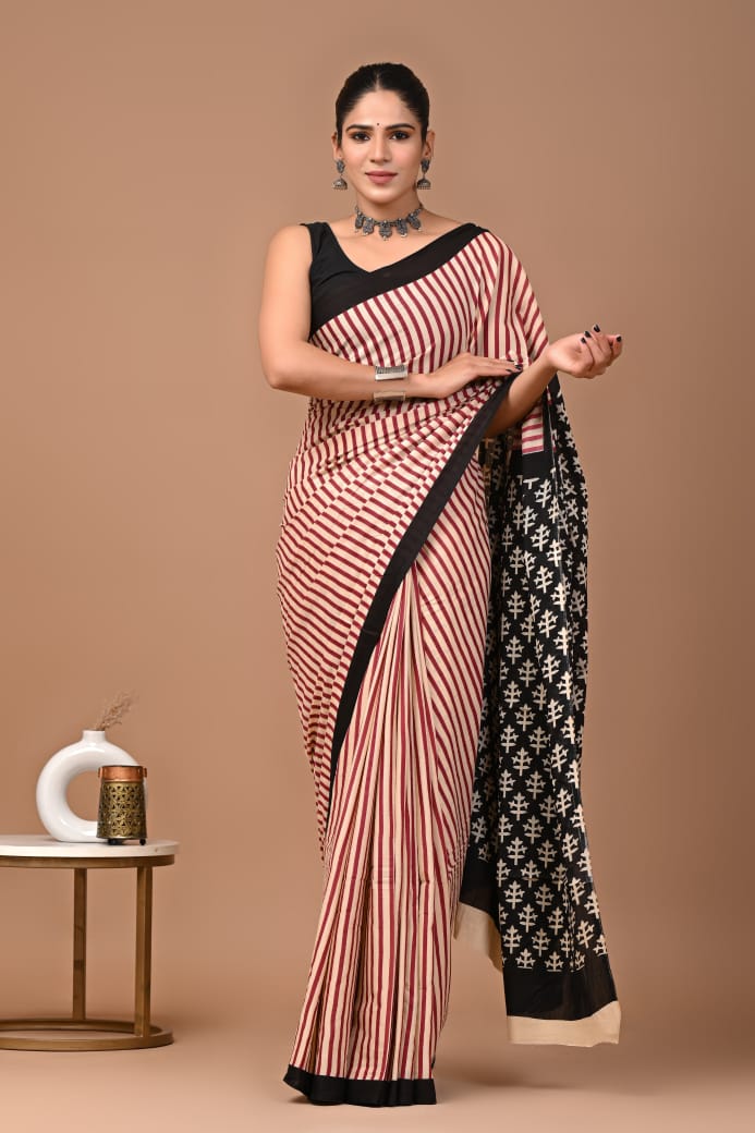 Beige Stripe Ajrakh Cotton Mul Handblock Print Saree with Ready-to-Wear Blouse Set