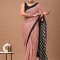 Beige Stripe Ajrakh Cotton Mul Handblock Print Saree with Ready-to-Wear Blouse Set