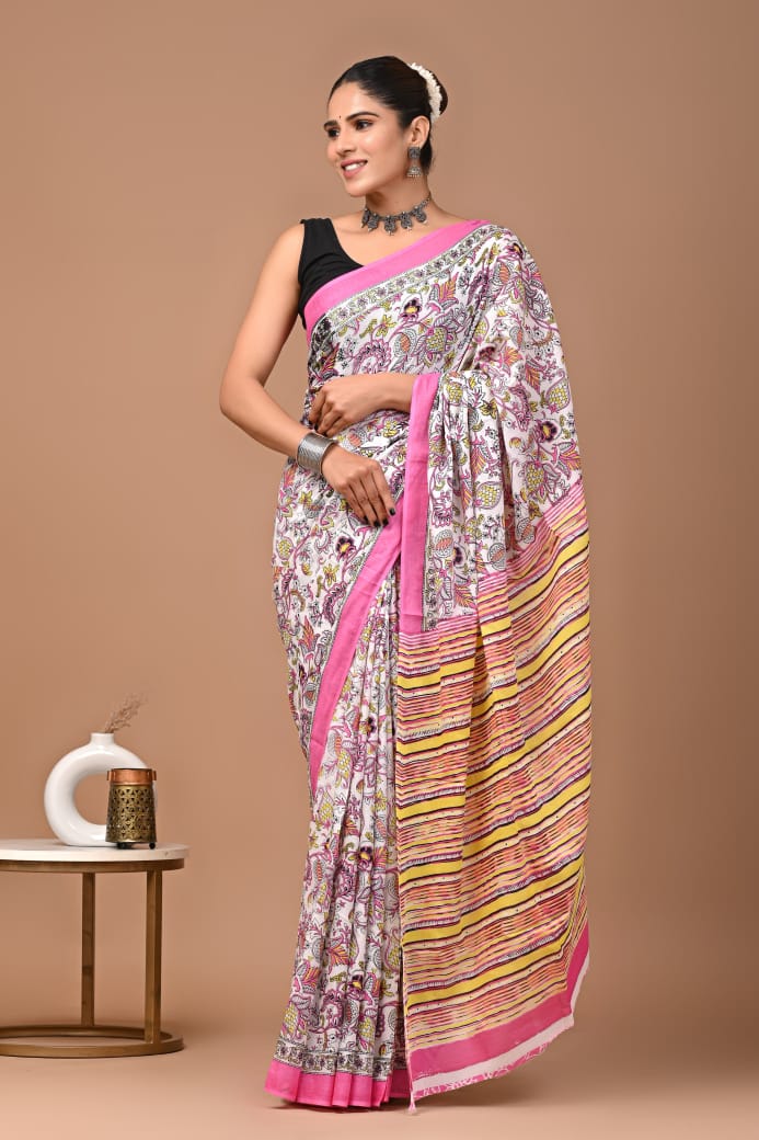 Pink Floral Ajrakh Cotton Mul Handblock Print Saree with Ready-to-Wear Blouse Set