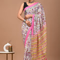 Pink Floral Ajrakh Cotton Mul Handblock Print Saree with Ready-to-Wear Blouse Set